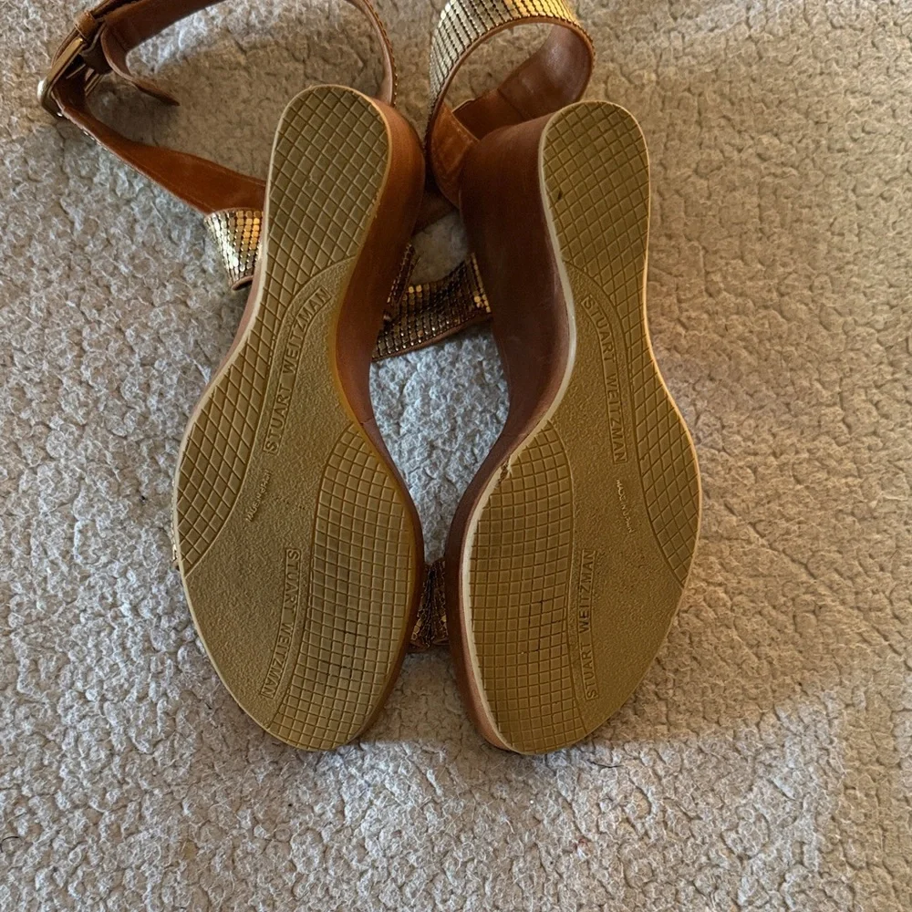 Stuart Weitzman Metallic Gold and Tan Wedges Size 10 - Picture 10 of 13